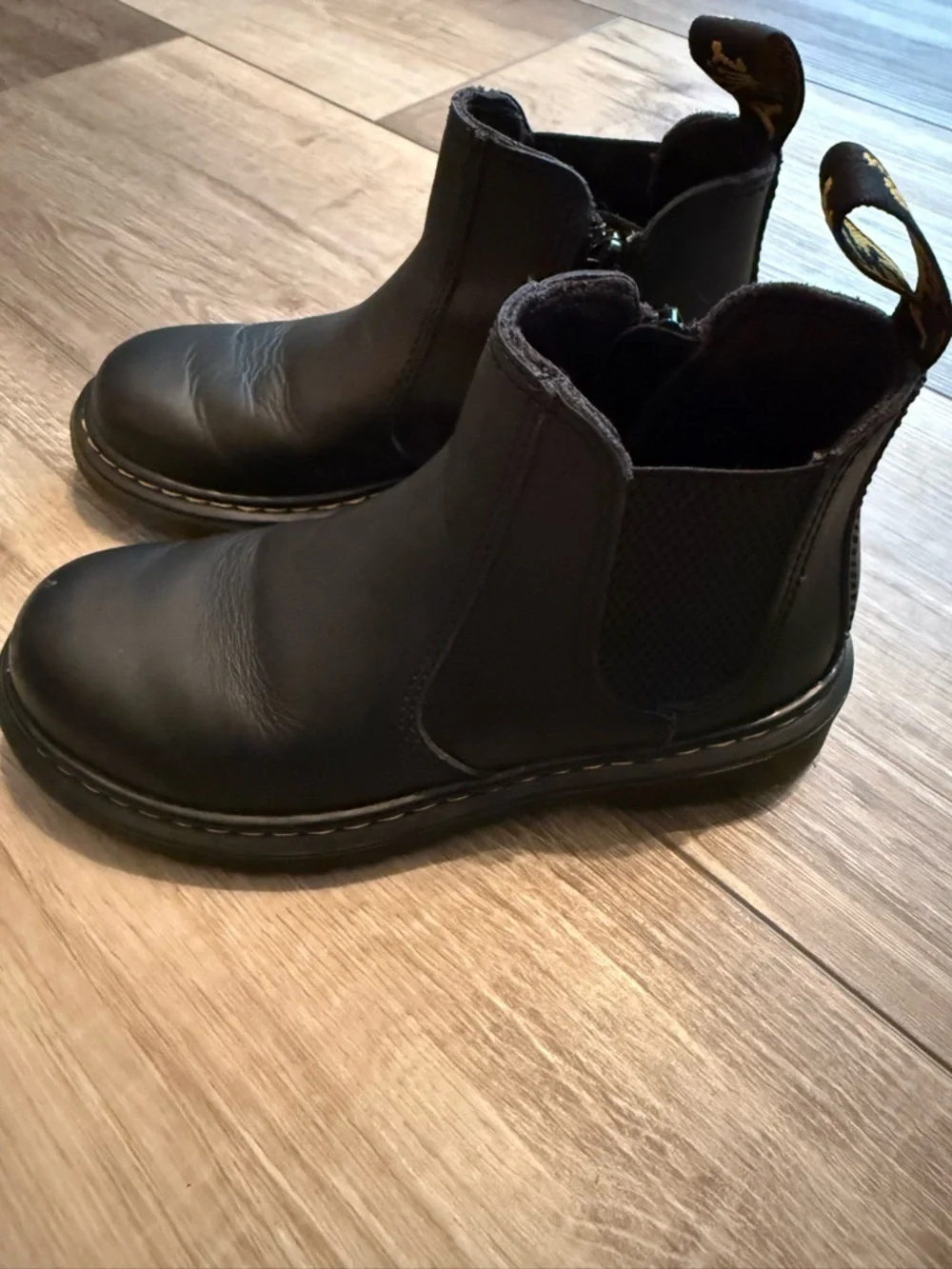 Dr. Martens Black Leather Chelsea Ankle Boots with Yellow Stitching - Kids